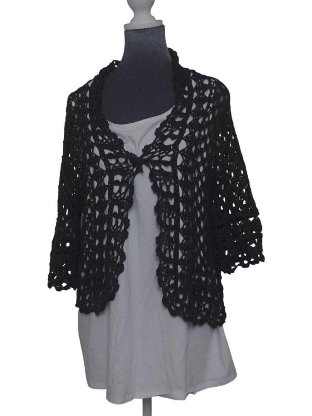 Crochet Jacket XL Curio Black Open Front Cardigan Cottagecore Boho EUC - Picture 2 of 9